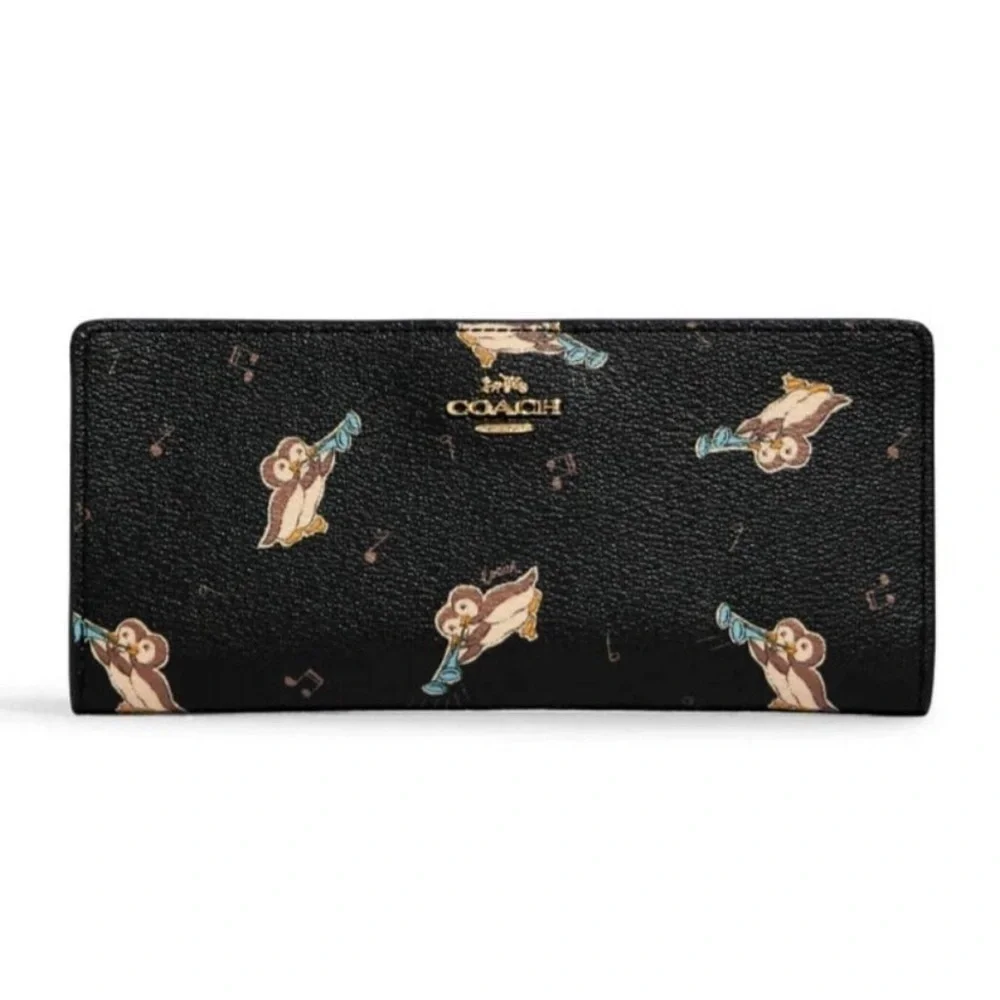 Coach Slim Zip Wallet With Penguin Print Gold/Black Multi